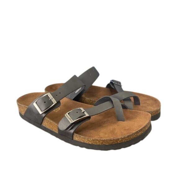 Mountain Sole Womens Black Leather Slip-On Sandals SZ 6 Comfy Adjustable Straps - Picture 7 of 9